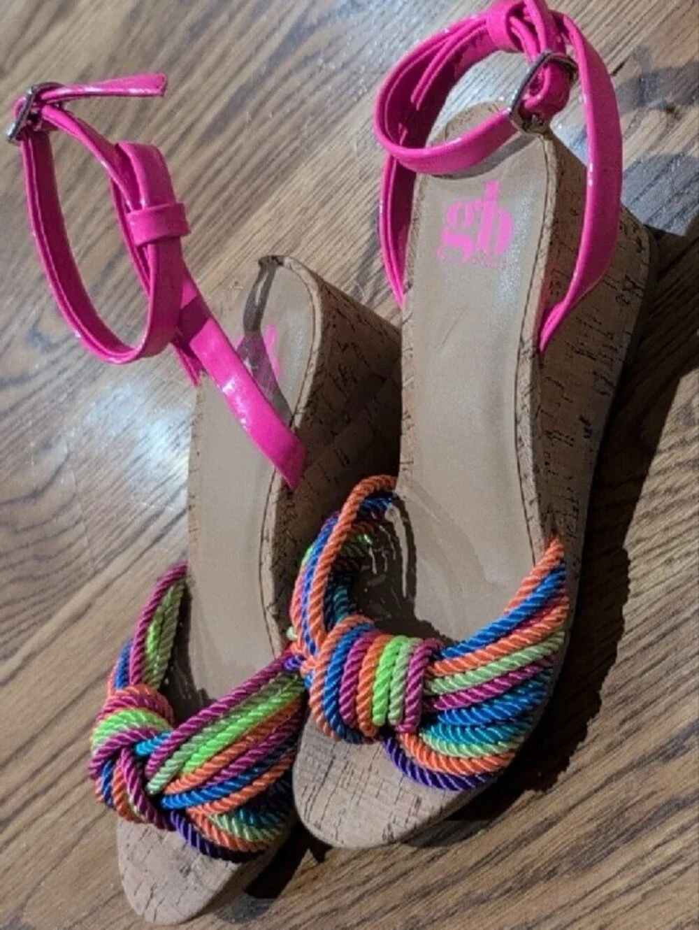 Gianni Bini Hot Pink Ankle-Strap Sandals with Rainbow Rope Knot
